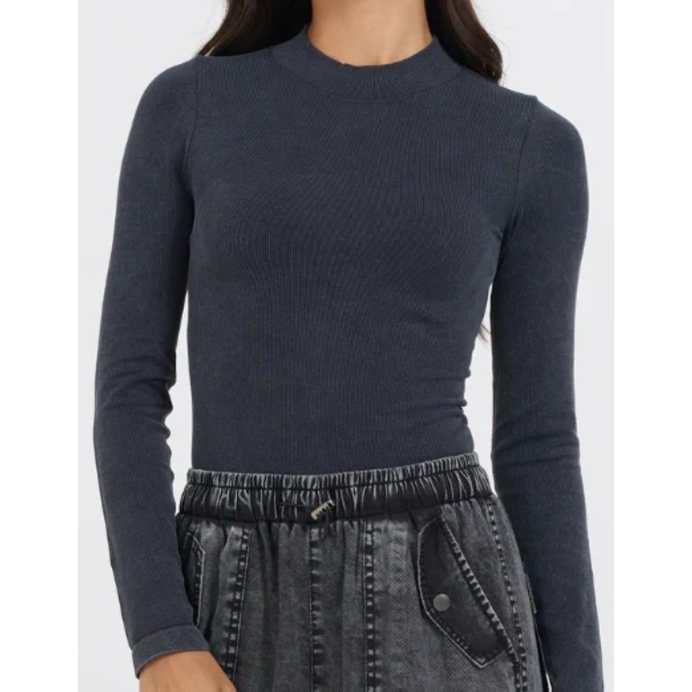 Vintage Havana Ocean Drive Grey Top‎ Mock Neck Ribbed Long Sleeve OSFM Tight Fit